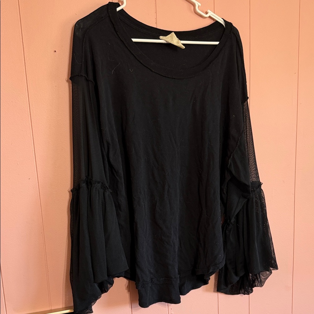 Free People Black Mesh Sleeve Blouse